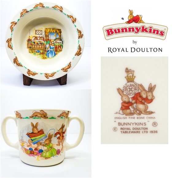 1936 Royal Doulton Bunnykins Beatrix Potter Bedtime Bowl Knitting Hug a Mug Set - Picture 2 of 13